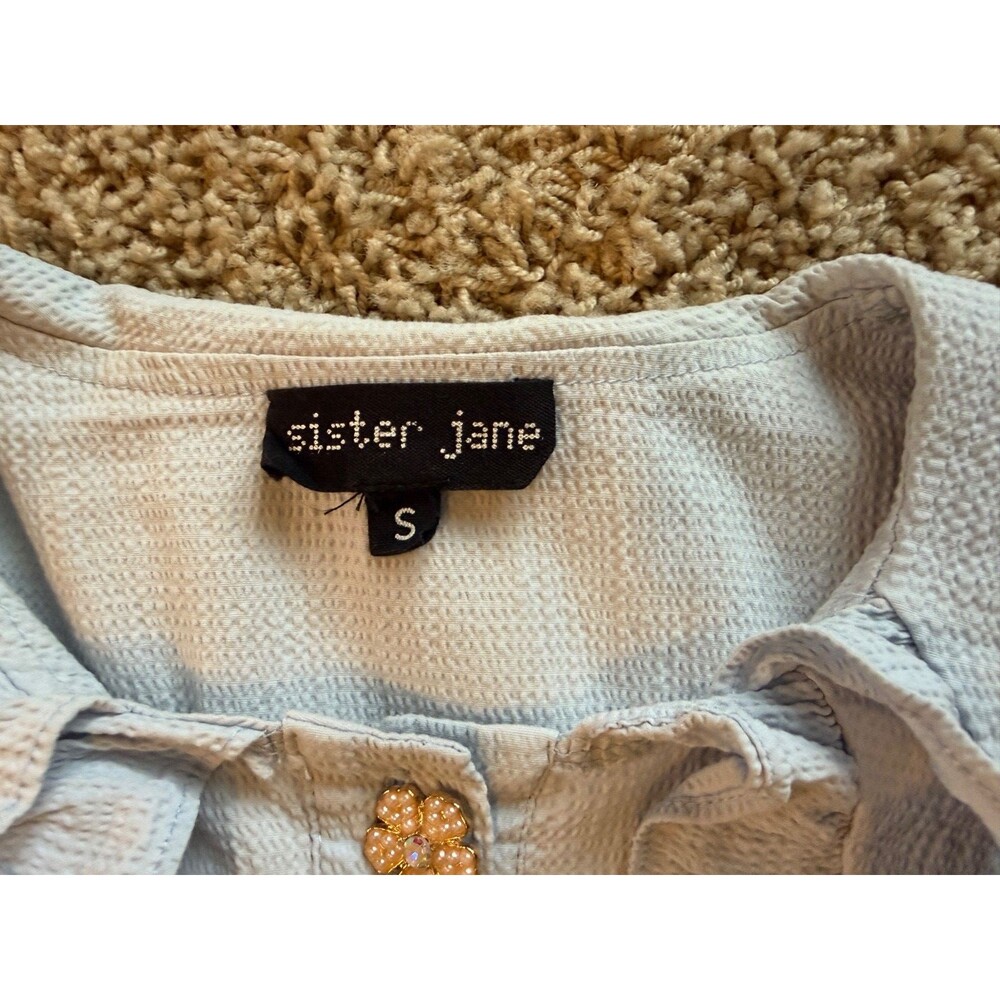 Sister Jane Women's Puritan Collar Blouse Ruffles Rhinestone Floral Buttons - Picture 6 of 15
